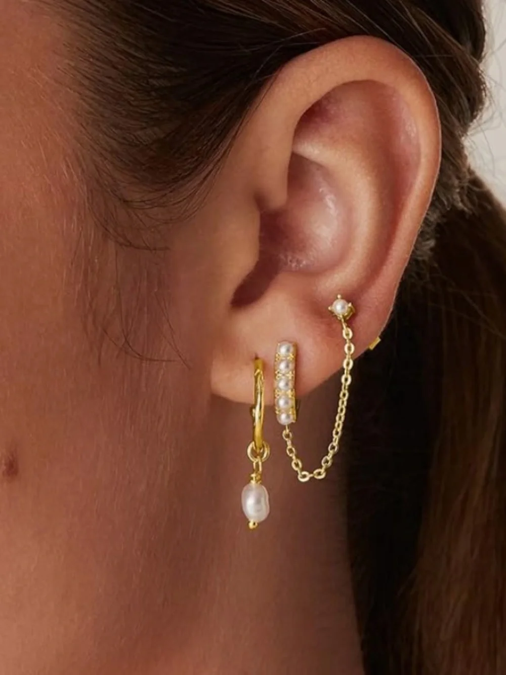 Anthropologie Gold Plated and White Pearl Chain Huggie Earrings